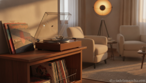 Tocadiscos de vinilo en salón acogedor