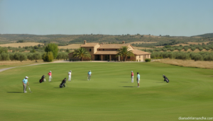 Jornada de golf en campo provincial con jugadores en el green