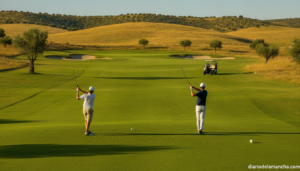 Golf course fairway in Castilla-La Mancha, Spain, sunny day with green grass and rolling hills in the background, two golf...