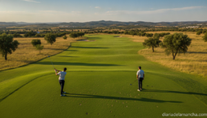 Golf course in Guadalajara province, Castilla-La Mancha Spain, golfers playing on a green fairway, two players teeing off ...