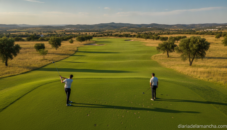 Golf course in Guadalajara province, Castilla-La Mancha Spain, golfers playing on a green fairway, two players teeing off ...