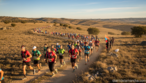 Runners competing in a trail running race through natural countryside in Castilla-La Mancha Spain, scenic rural landscape,...