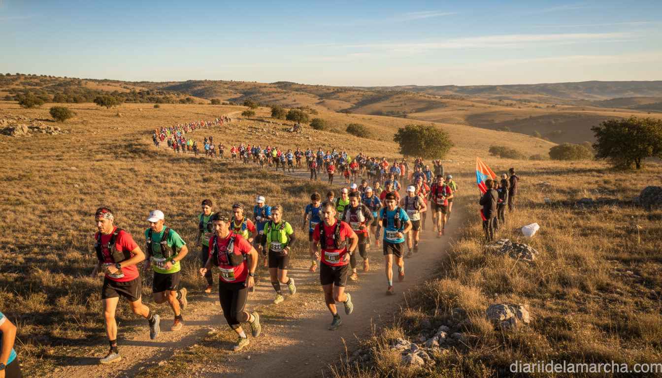 Runners competing in a trail running race through natural countryside in Castilla-La Mancha Spain, scenic rural landscape,...