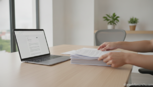 A person sitting at a desk organizing multiple paper documents and combining them into a single neat stack, laptop open be...