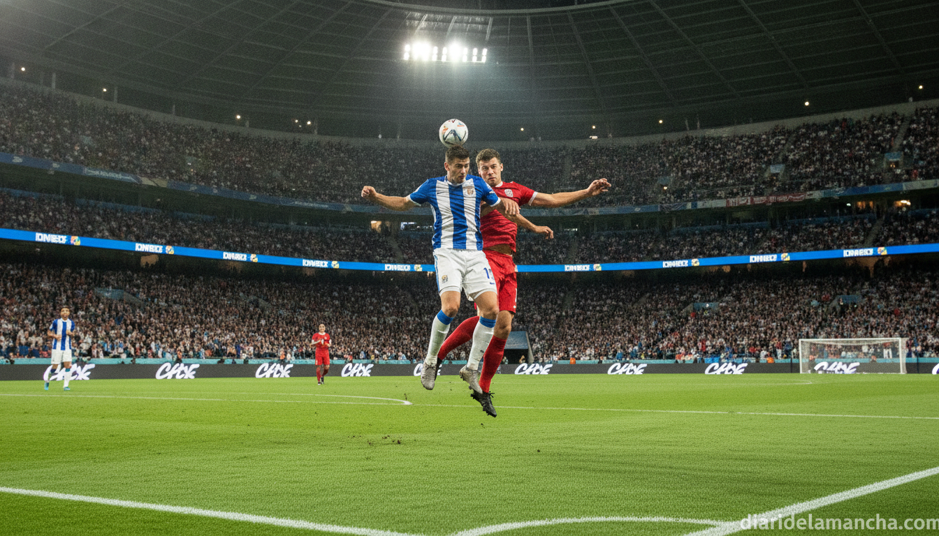 Football match action scene at a large iconic American stadium, two national teams players disputing a header in the penal...