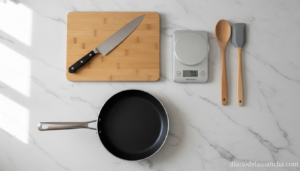 Utensilios imprescindibles de cocina cuchillo sartén tabla