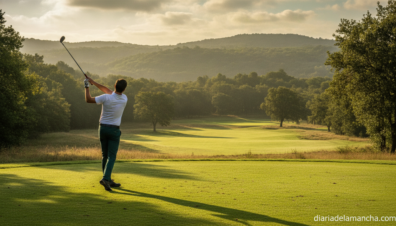 Golfer mid-swing on a lush green golf course in the Basque Country, natural landscape with trees in the background, mornin...