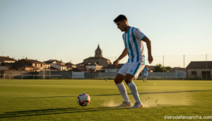 Football player in white and blue kit controlling a ball during a training session on a green grass field in a small Spani...