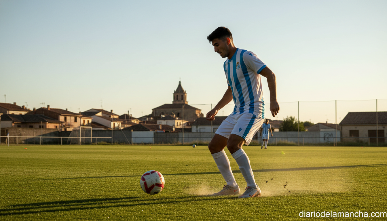 Football player in white and blue kit controlling a ball during a training session on a green grass field in a small Spani...