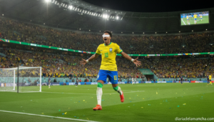 Futbolista con la camiseta de Brasil celebrando un gol en el Mundial 2026