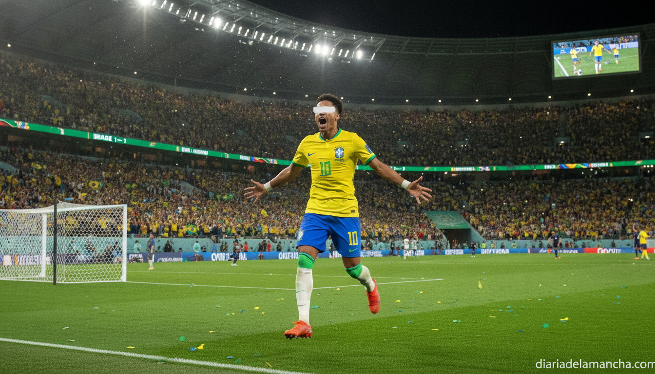 Futbolista con la camiseta de Brasil celebrando un gol en el Mundial 2026