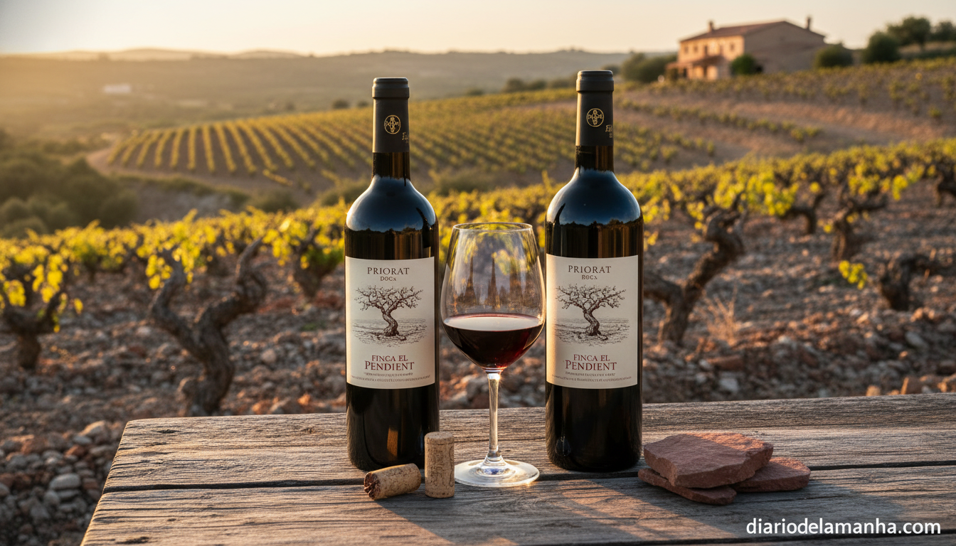 Seis tintos del Priorat ideales para degustar en otoño: Un viaje por la gastronomía y la enología 1 Botellas de vino tinto del Priorat sobre mesa rústica con copa de vino, viticultura catalana