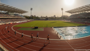 Athletes competing in athletics and swimming at an international championship, modern sports stadium with running track an...