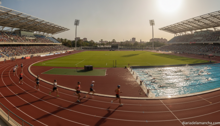 Athletes competing in athletics and swimming at an international championship, modern sports stadium with running track an...