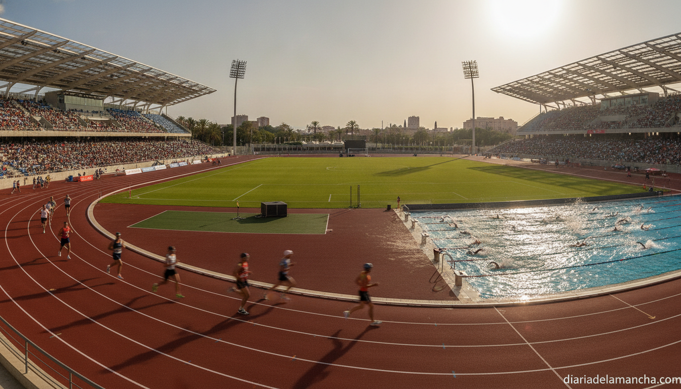 Athletes competing in athletics and swimming at an international championship, modern sports stadium with running track an...