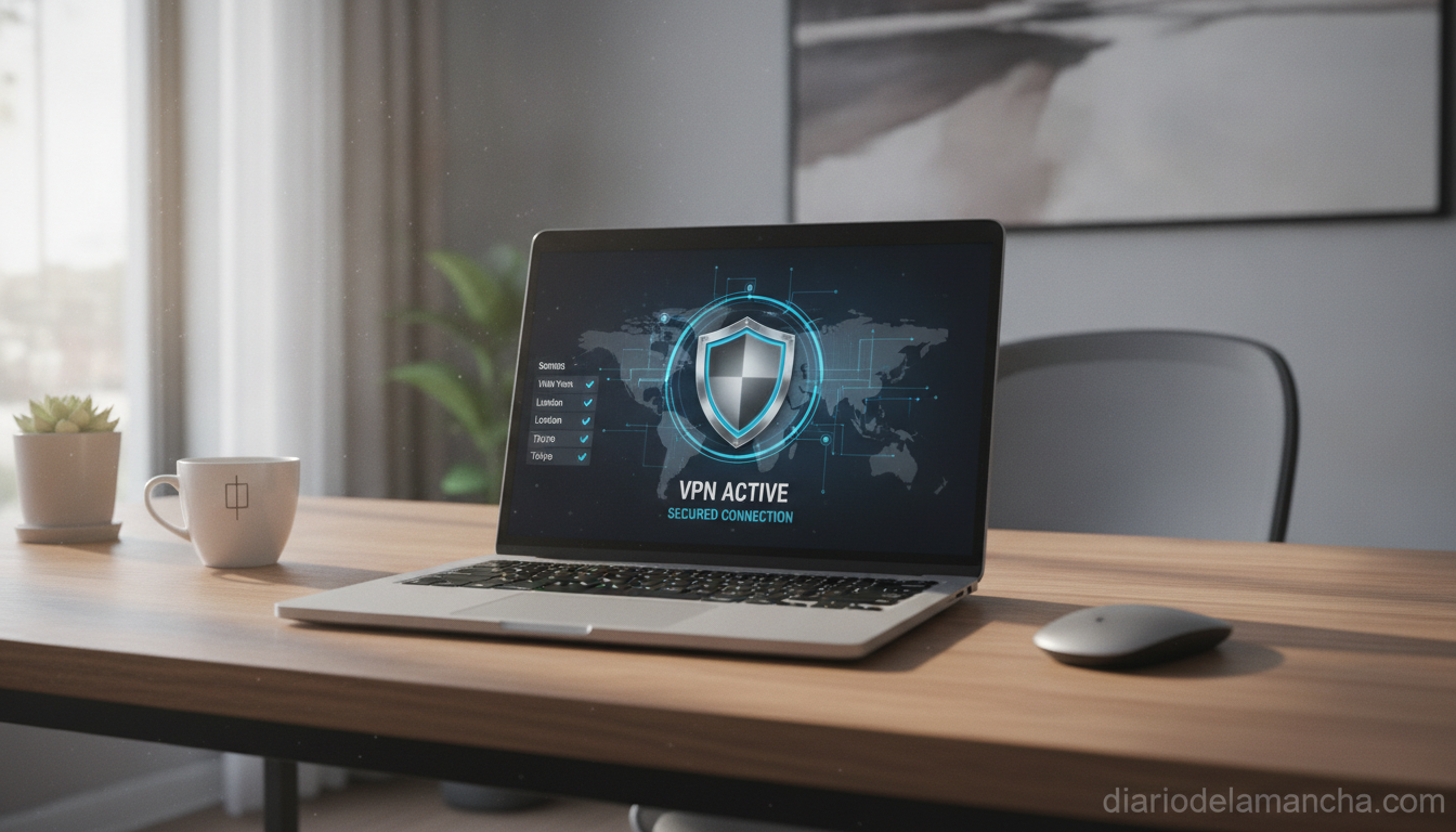 Conexión VPN segura en ordenador portátil en oficina en casa