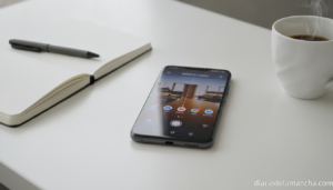 Smartphone Xiaomi Redmi gama media con pantalla AMOLED sobre escritorio moderno