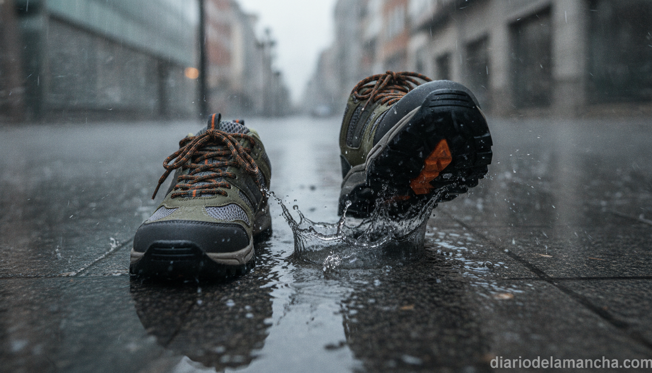 Zapatillas impermeables sobre pavimento mojado en día de lluvia