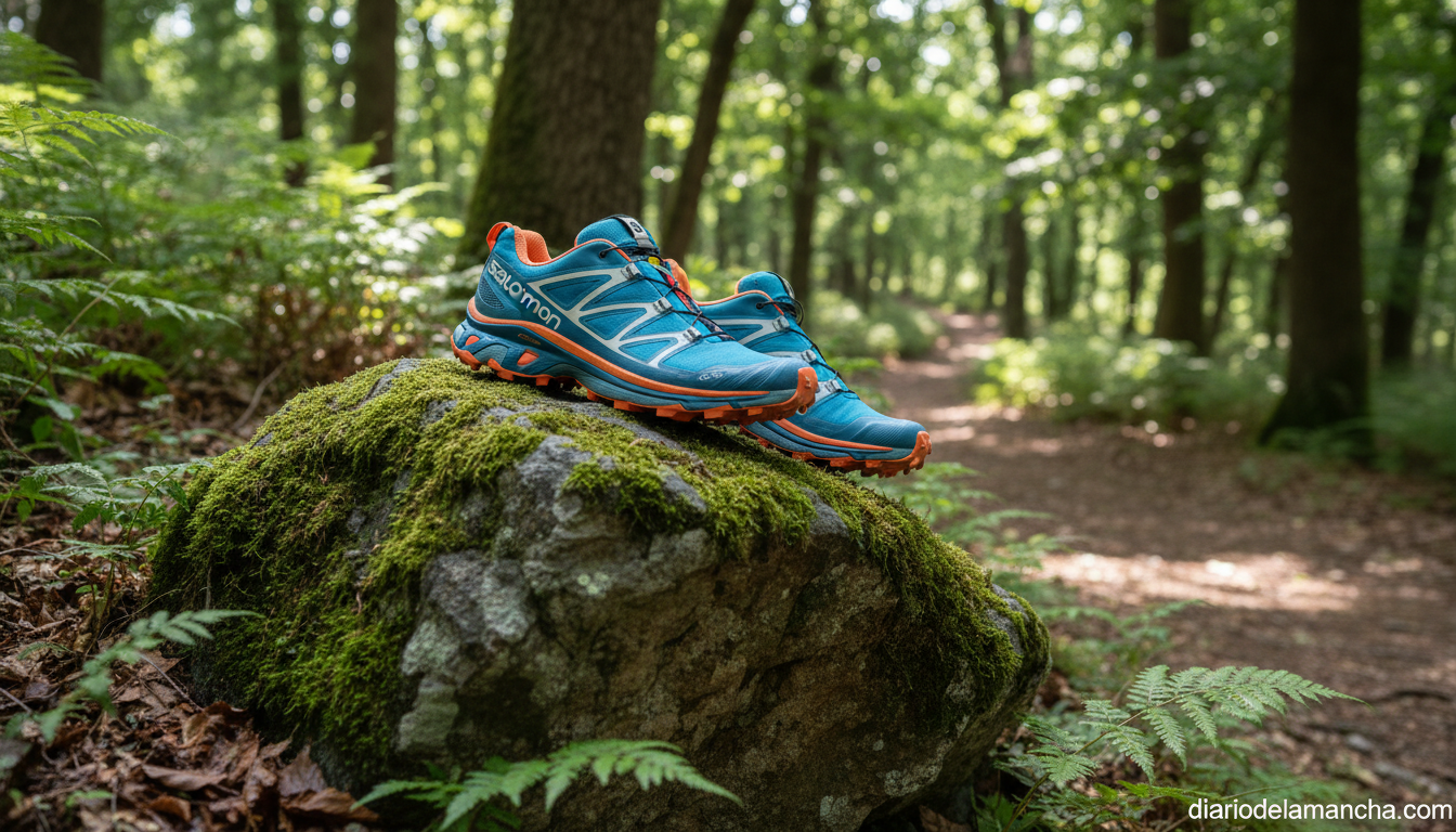 Zapatillas Salomon mujer trail running senderismo sobre roca en sendero de montaña