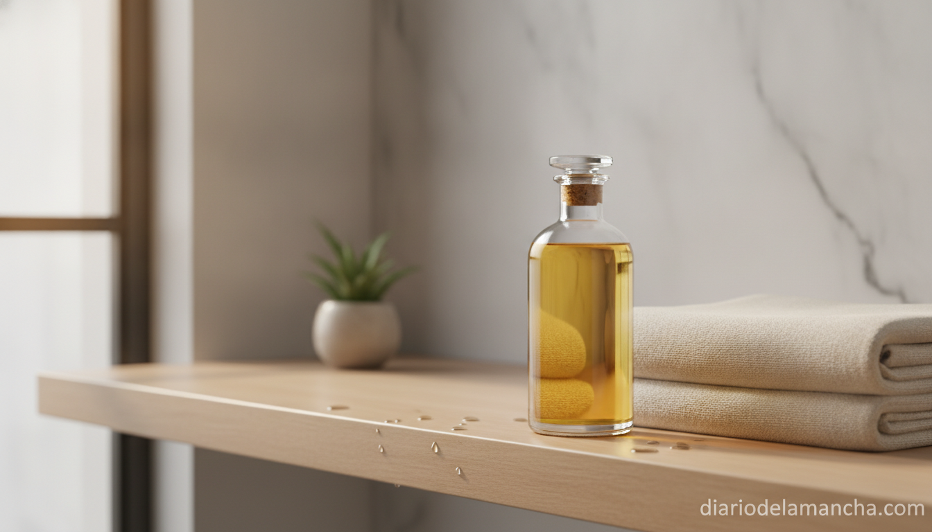 Aceite corporal dorado en un frasco de cristal sobre un estante de baño
