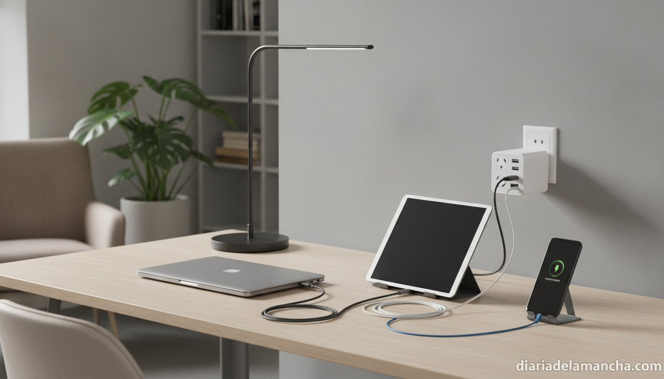 Adiós a las tradicionales regletas: conoce el dispositivo que carga siete aparatos simultáneamente y ahorra espacio 1 Adaptador múltiple enchufado a la pared cargando varios dispositivos a la vez