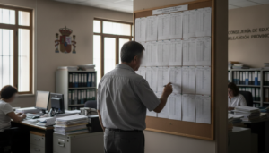 Fotografia periodistica realista de una oficina de delegacion provincial de educacion en Espana, funcionario revisando lis...