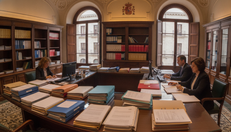 Mesa de oficina administrativa con documentos, carpetas y folios organizados, edificio de consejería pública, funcionarios...