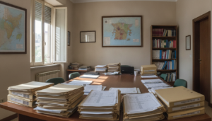 Fotografía periodística realista de una oficina de administración educativa en España, mesa con carpetas de expedientes y ...