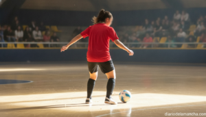 Sports photojournalism image of a female futsal player wearing a plain red sports jersey (no visible sponsor logos or cres...