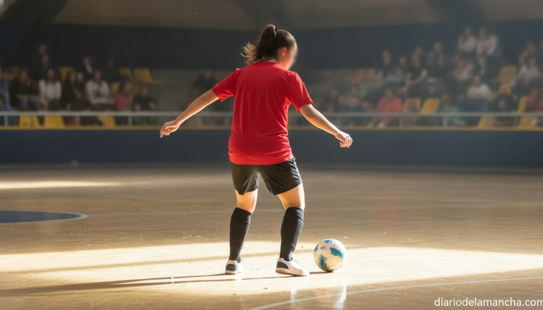 Sports photojournalism image of a female futsal player wearing a plain red sports jersey (no visible sponsor logos or cres...