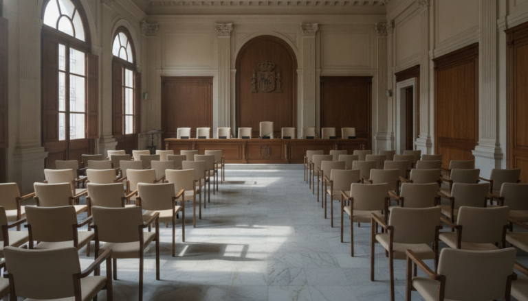 Realistic photojournalistic image of an empty assembly hall in a Spanish provincial government administrative building, ro...