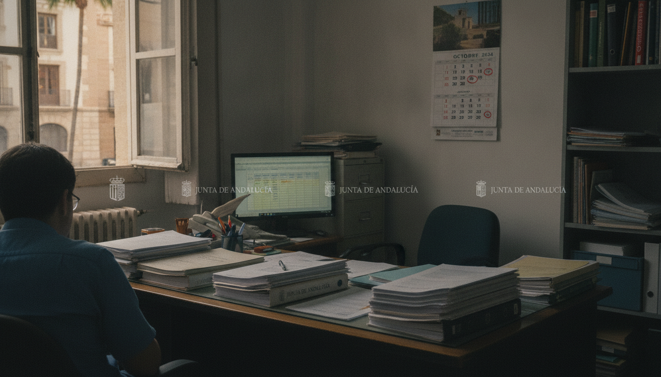 Fotografía periodística realista de una oficina de administración educativa española: un escritorio con documentos oficial...