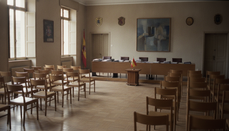 Fotografia periodistica realista de un salon de actos de una delegacion provincial de educacion espanola, sillas alineadas...