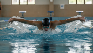 A young competitive swimmer in a swimming pool, mid-race during butterfly stroke, captured from poolside angle, realistic ...