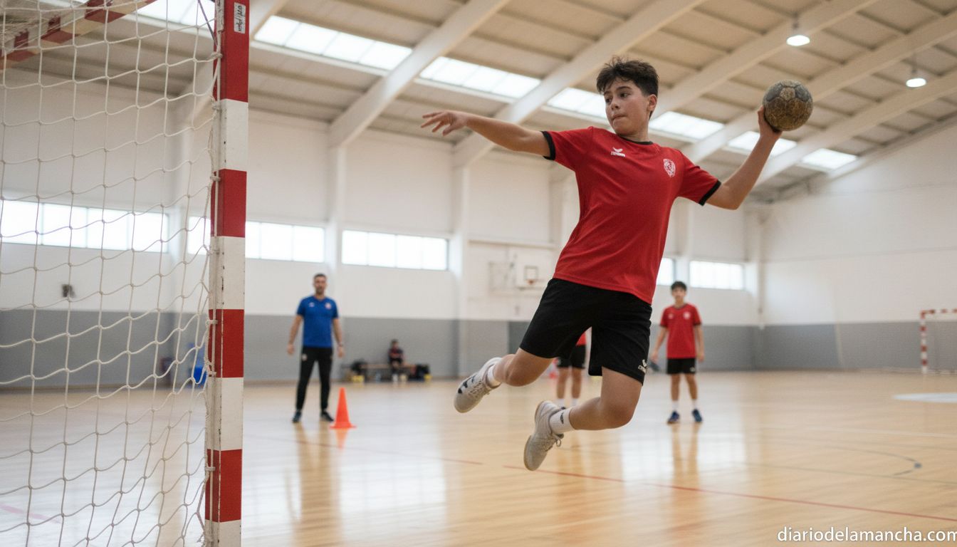 A young handball player in action during a training session inside a sports hall, wearing a team jersey, preparing to thro...