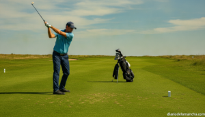 Realistic photojournalism-style photo of a male golfer mid-swing on a golf course fairway, green grass, blue sky with some...