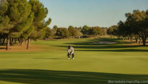 Golf tournament on a sunny Spanish inland course, golfer on the green fairway preparing to putt, pine and oak trees in bac...