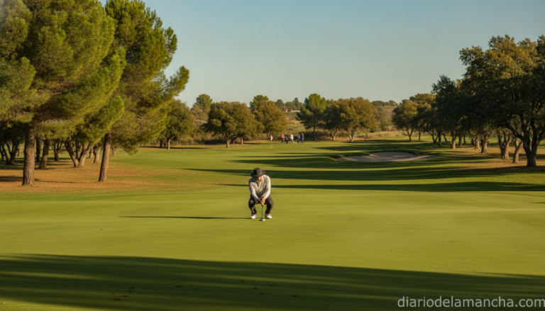 Golf tournament on a sunny Spanish inland course, golfer on the green fairway preparing to putt, pine and oak trees in bac...