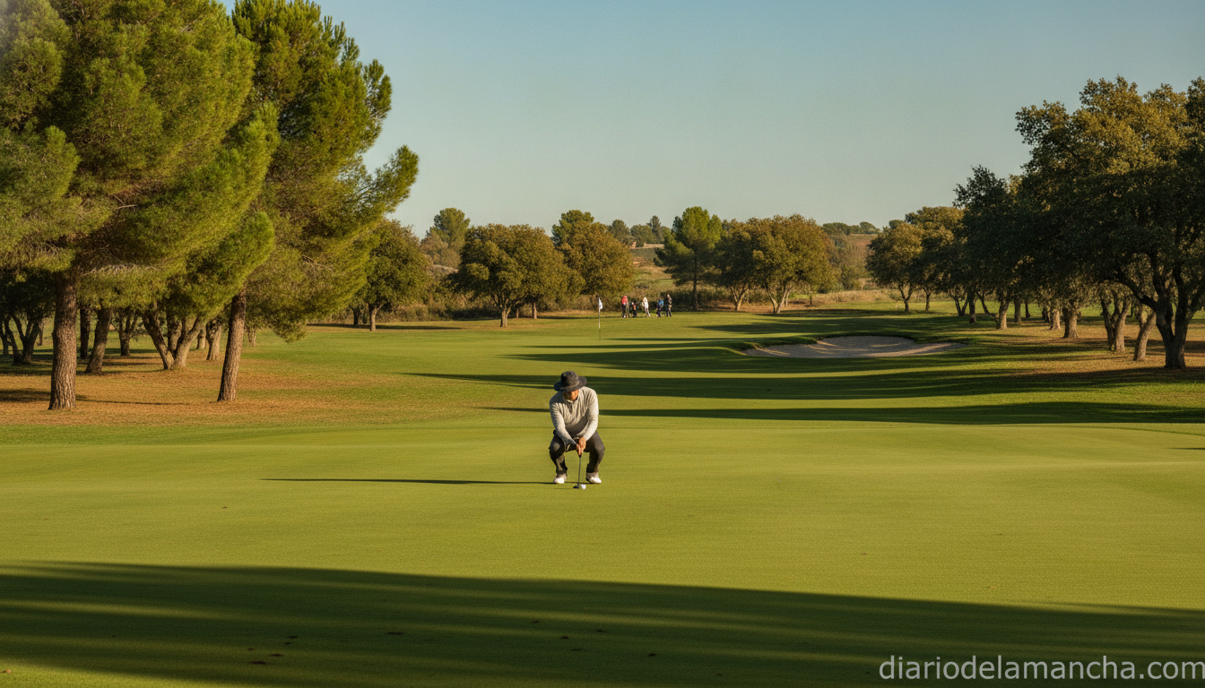 Golf tournament on a sunny Spanish inland course, golfer on the green fairway preparing to putt, pine and oak trees in bac...