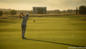 Realistic photojournalistic wide shot of a golfer mid-swing on a lush green golf course fairway at Golf Lerma, Spain, gold...
