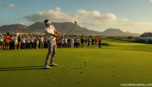Golfer taking a swing on a lush green golf course in the Canary Islands, sunny day, mountains visible in the background, t...