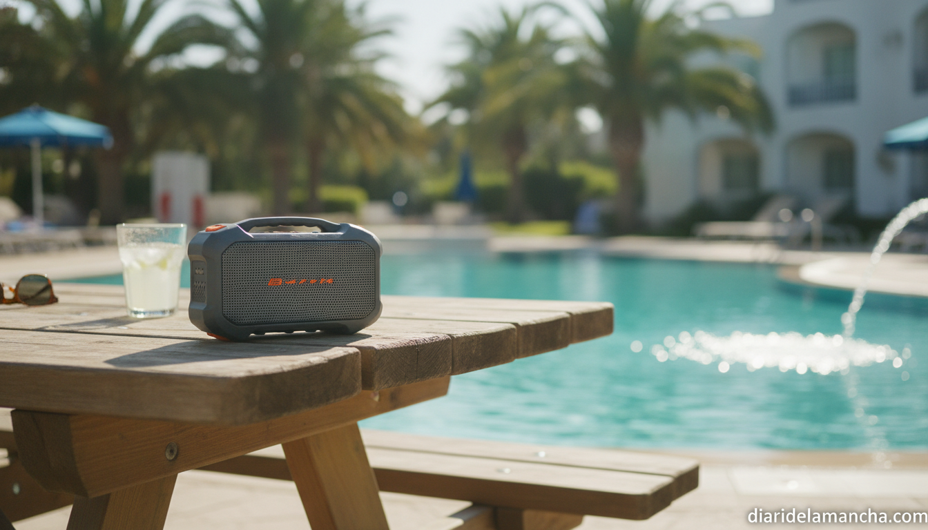 Altavoz Bluetooth resistente al agua en exterior junto a una piscina
