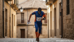 Action photo of an orienteering athlete in a sprint city race, running through a narrow historic European alley with map a...