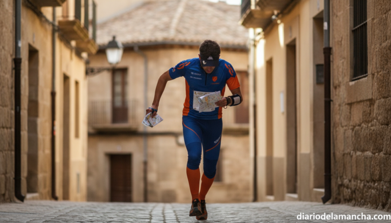 Action photo of an orienteering athlete in a sprint city race, running through a narrow historic European alley with map a...