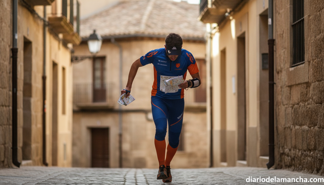 Action photo of an orienteering athlete in a sprint city race, running through a narrow historic European alley with map a...