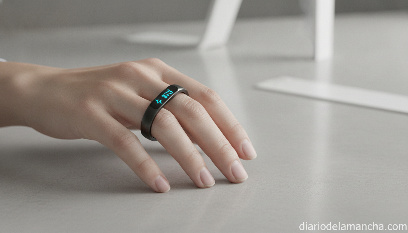 Anillo inteligente midiendo ritmo cardíaco y actividad