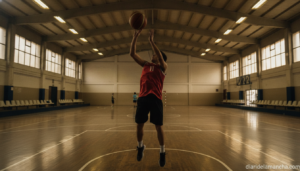 Realistic photojournalism style image of an amateur basketball player in a team jersey practicing a jump shot in an indoor...