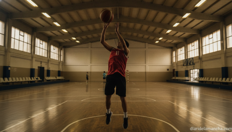 Realistic photojournalism style image of an amateur basketball player in a team jersey practicing a jump shot in an indoor...
