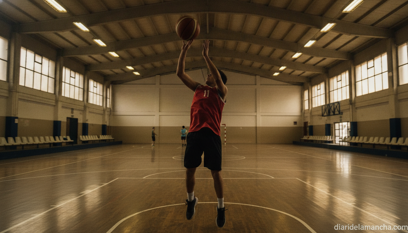 Realistic photojournalism style image of an amateur basketball player in a team jersey practicing a jump shot in an indoor...