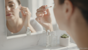Aplicación de corrector de ojeras frente al espejo